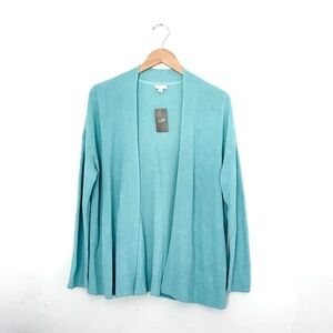 J Jill Rib Knit Open Cardigan sz L Petite in Canal Blue aqua color NWT